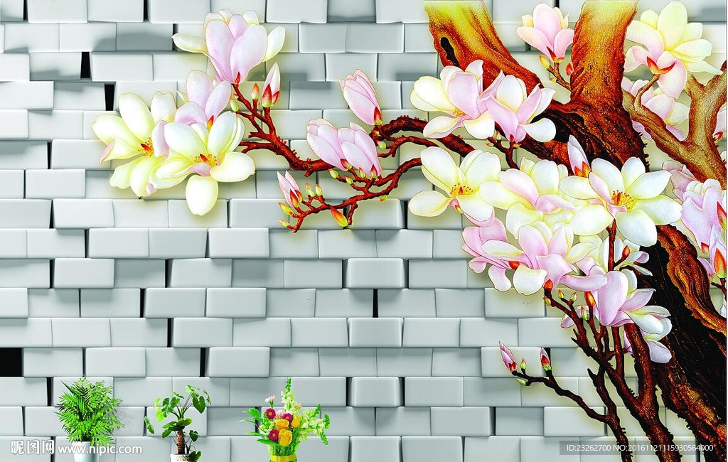 中式立体玉兰花背景墙装饰画