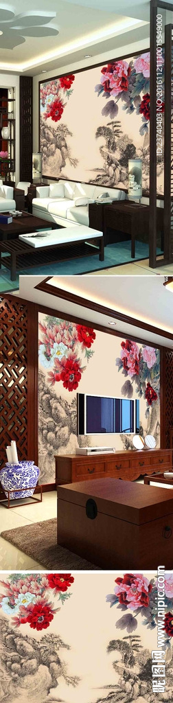国画牡丹电视背景墙