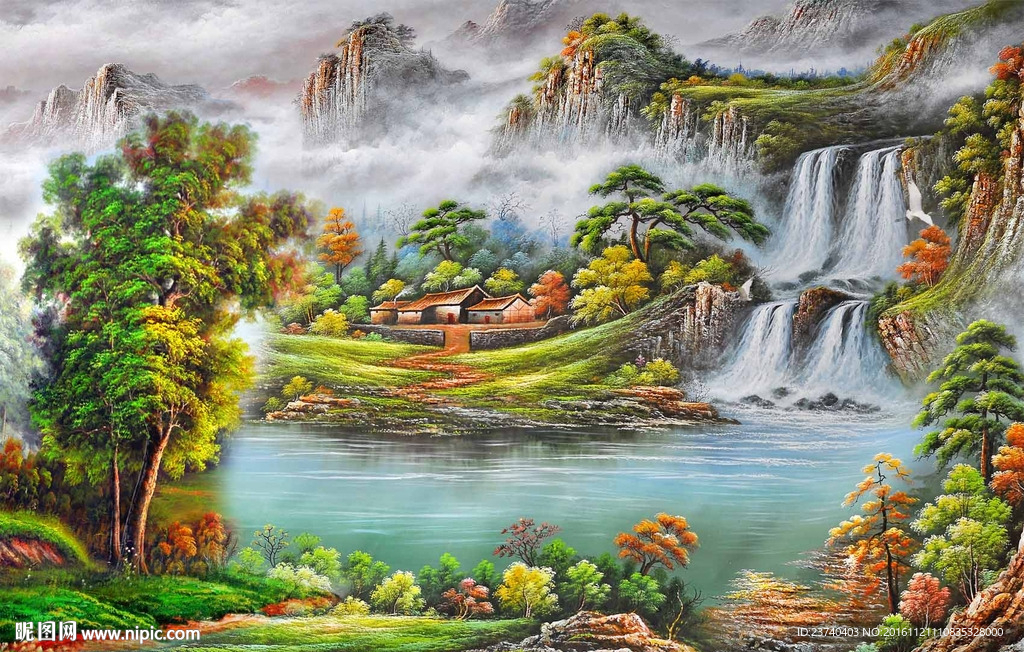 风景油画电视背景墙