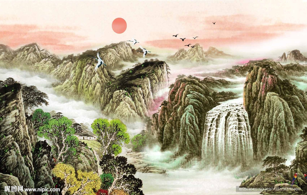 风景国画电视背景墙