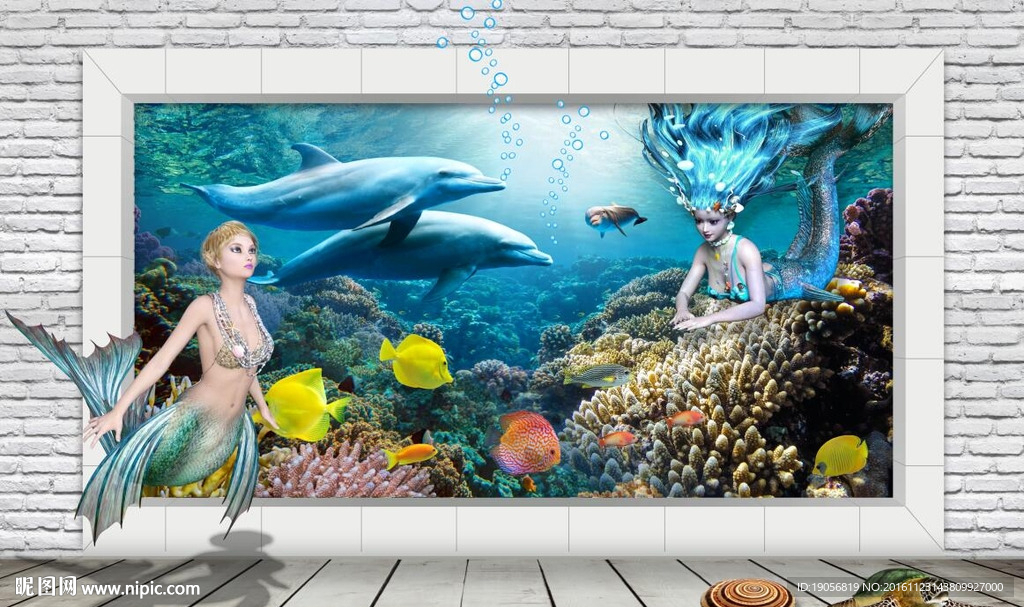 3d美人鱼海滩海洋壁画壁纸