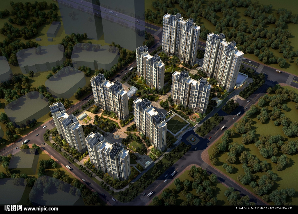 高层住宅区鸟瞰建筑效果图