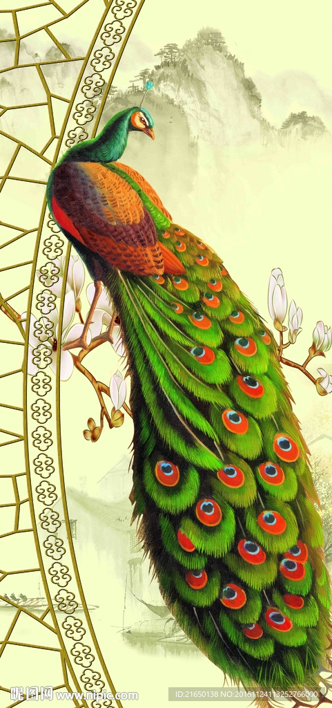 中式简约手绘孔雀装饰画玄关