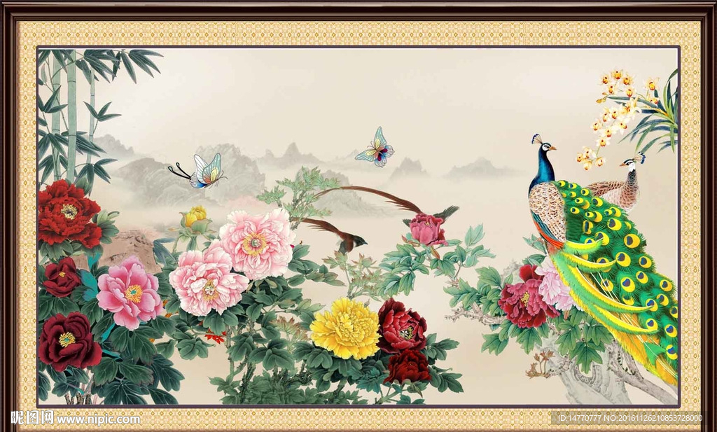 花开富贵孔雀图