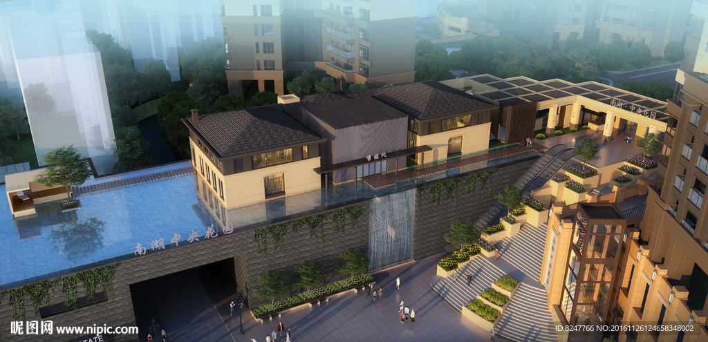 屋上露天泳池鸟瞰建筑效果图