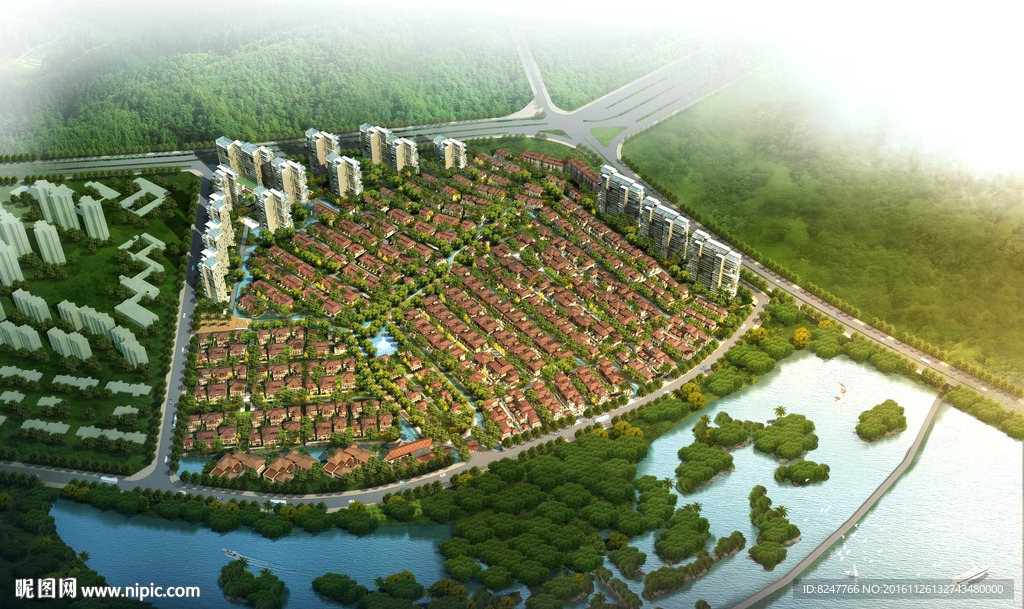 别墅住宅区鸟瞰建筑效果图