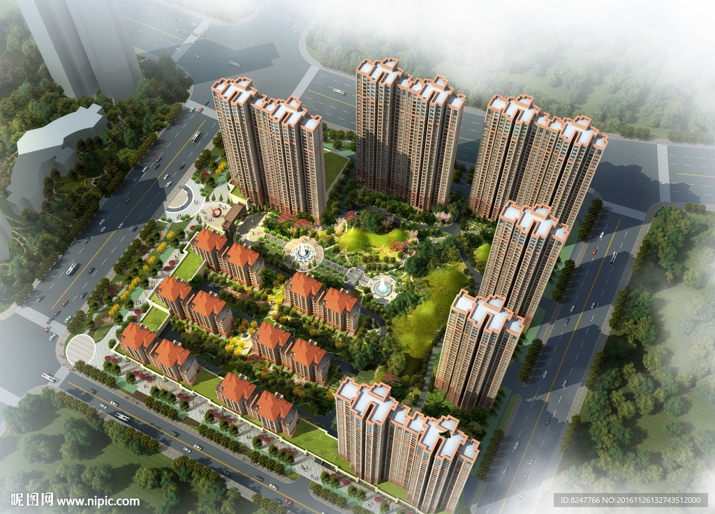 红色屋顶住宅区鸟瞰建筑效果图