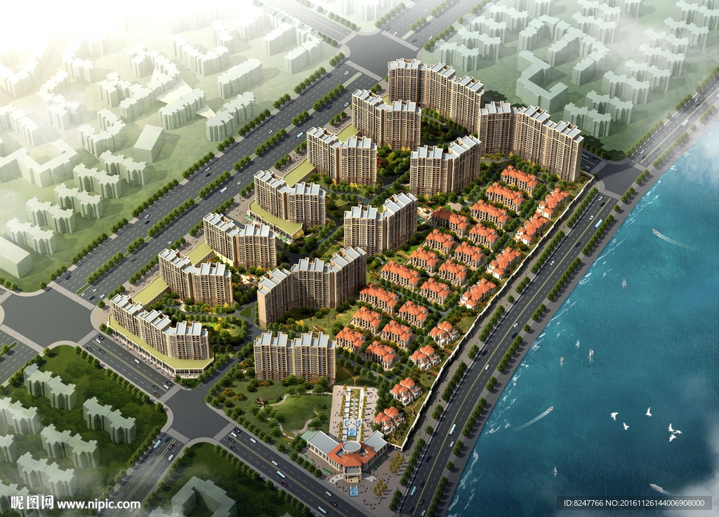 红色屋顶住宅鸟瞰建筑效果图