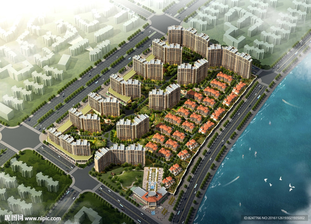 海边高层住宅区鸟瞰建筑效果图