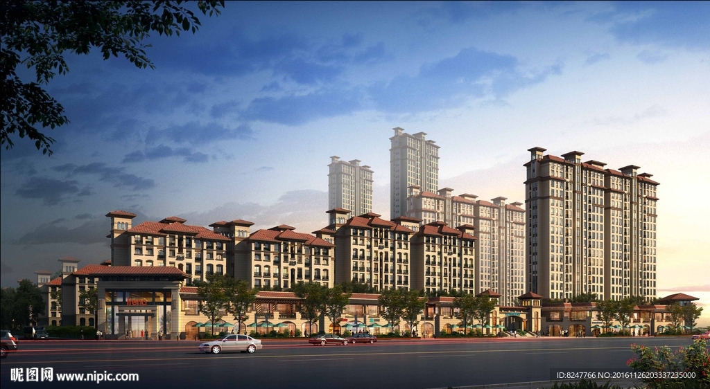 住宅区商业街黄昏建筑效果图