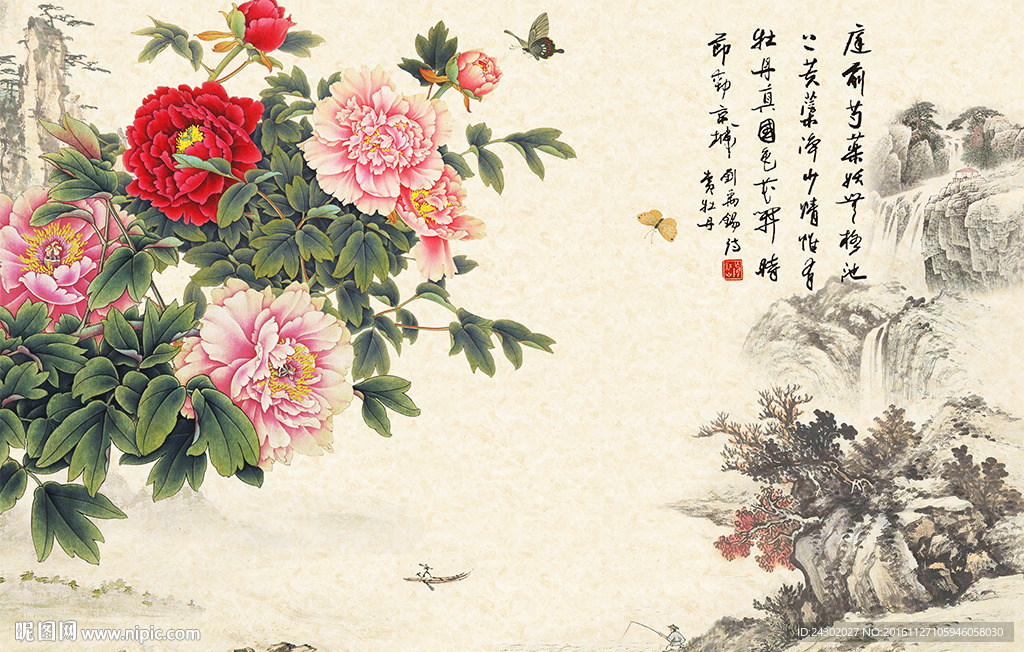 中式牡丹山水影视背景墙