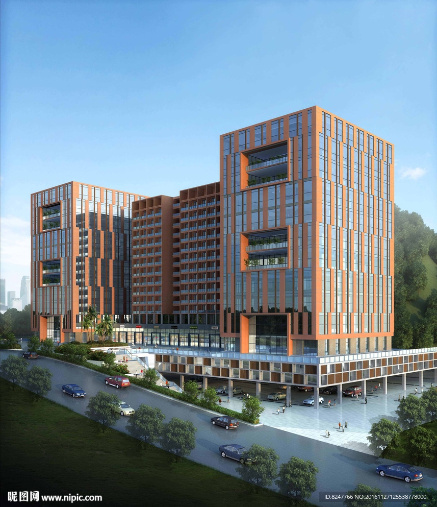 红色墙面办公大厦建筑效果图