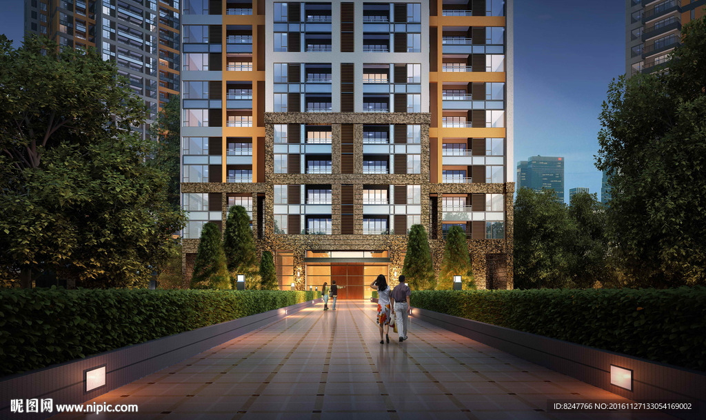 住宅区入口夜景建筑景观效果图