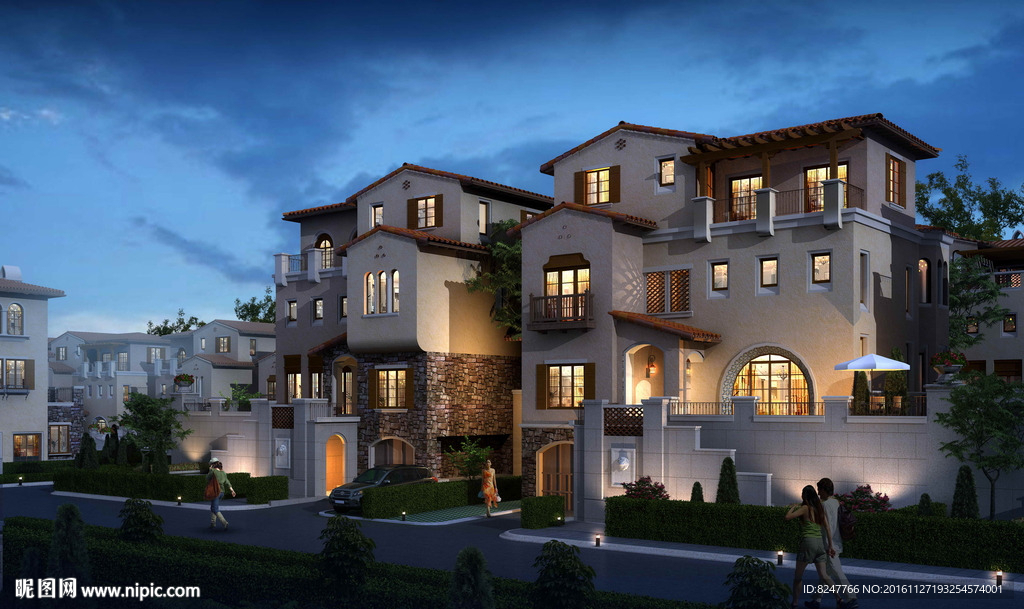 高档复试别墅夜景景观效果图