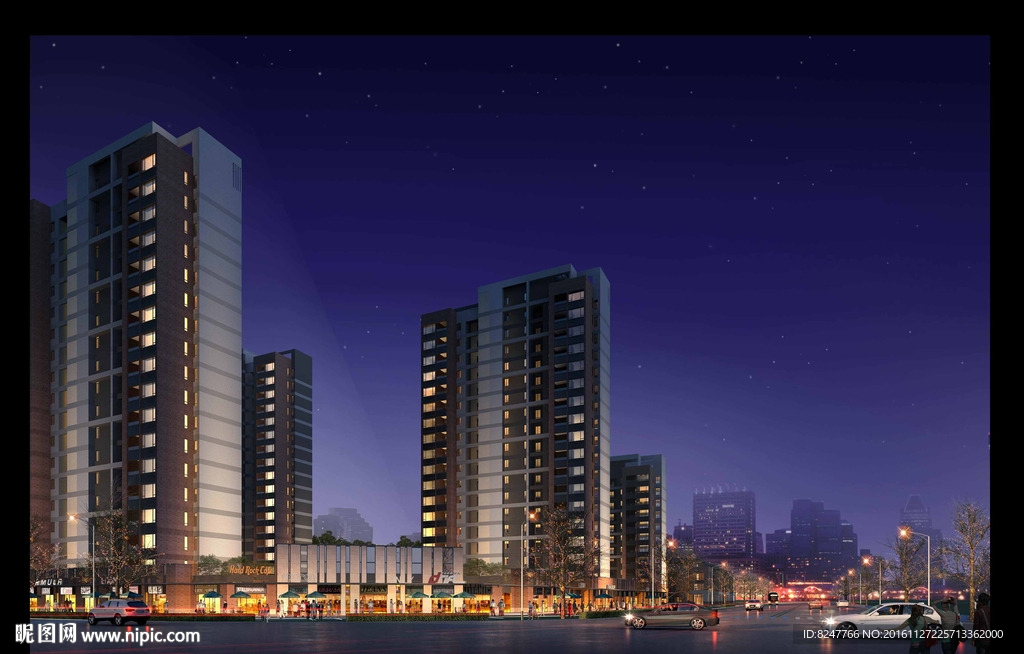 高层住宅夜景建筑效果图