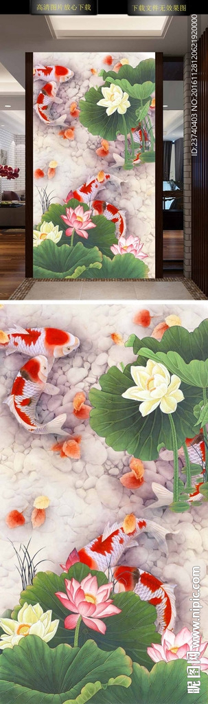 荷花鲤鱼图玄关
