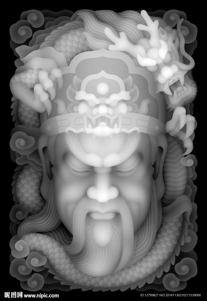 关公玉雕头像灰度图