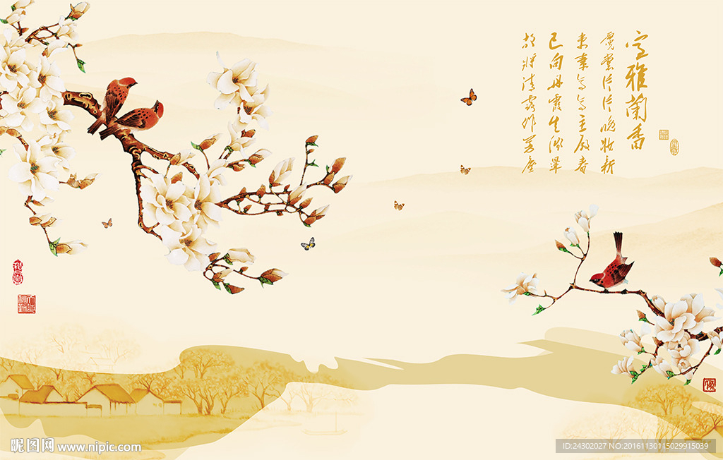 中式玉兰花鸟影视背景墙
