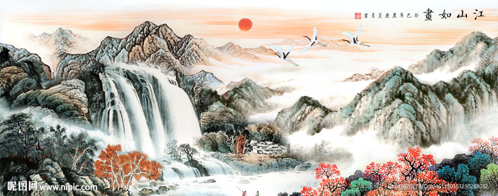 中式山水瀑布流水生财背景墙