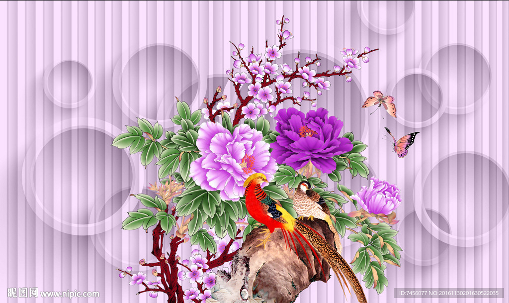 牡丹花花鸟立体圈圈背景墙