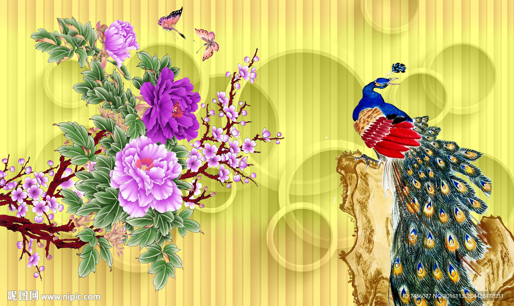 孔雀花鸟牡丹花背景墙