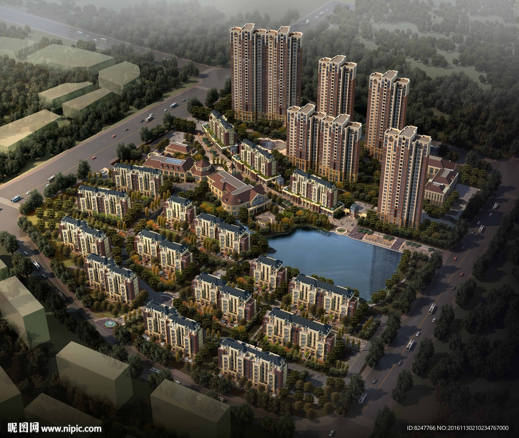 小湖别墅群鸟瞰建筑效果图