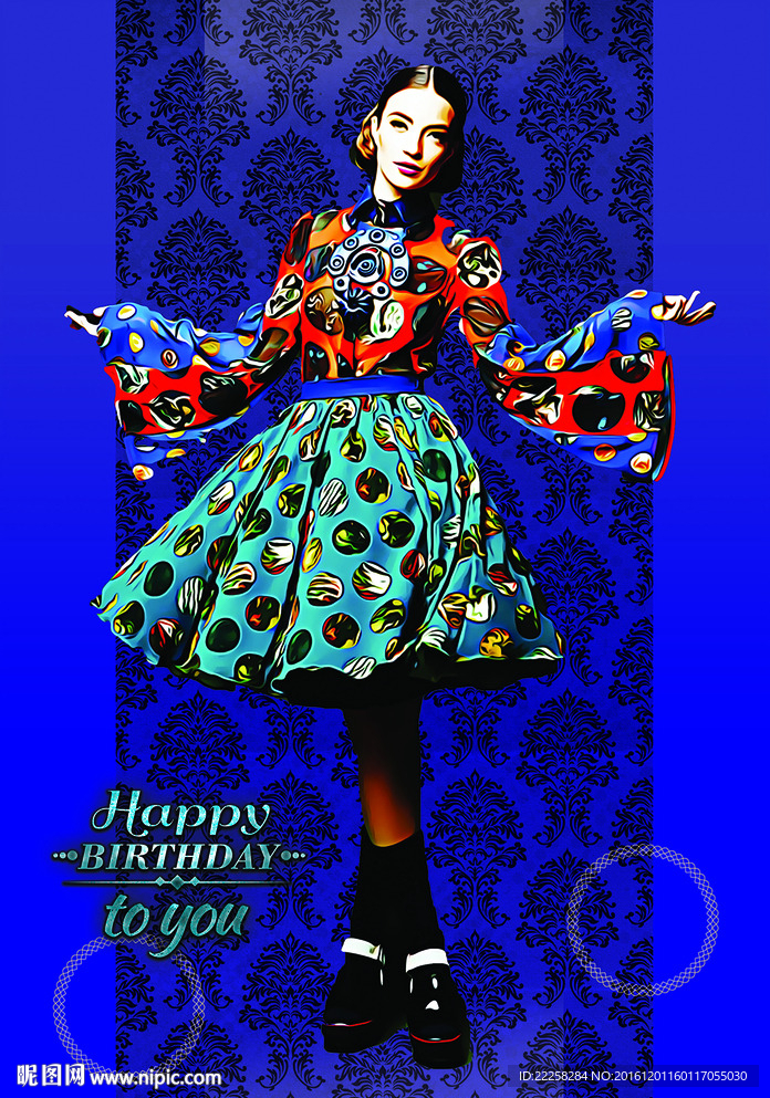 古典花裙女人插画