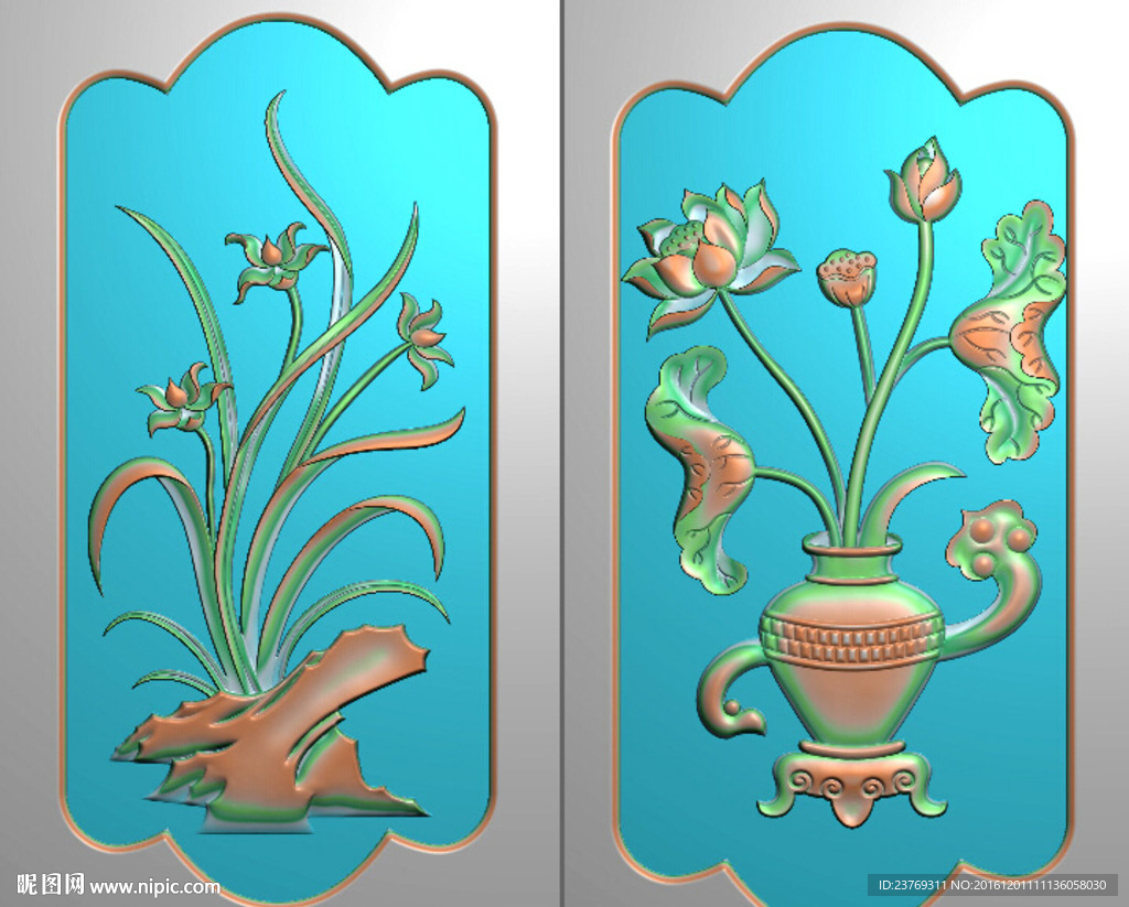 荷花兰花如意花瓶精雕浮雕灰度