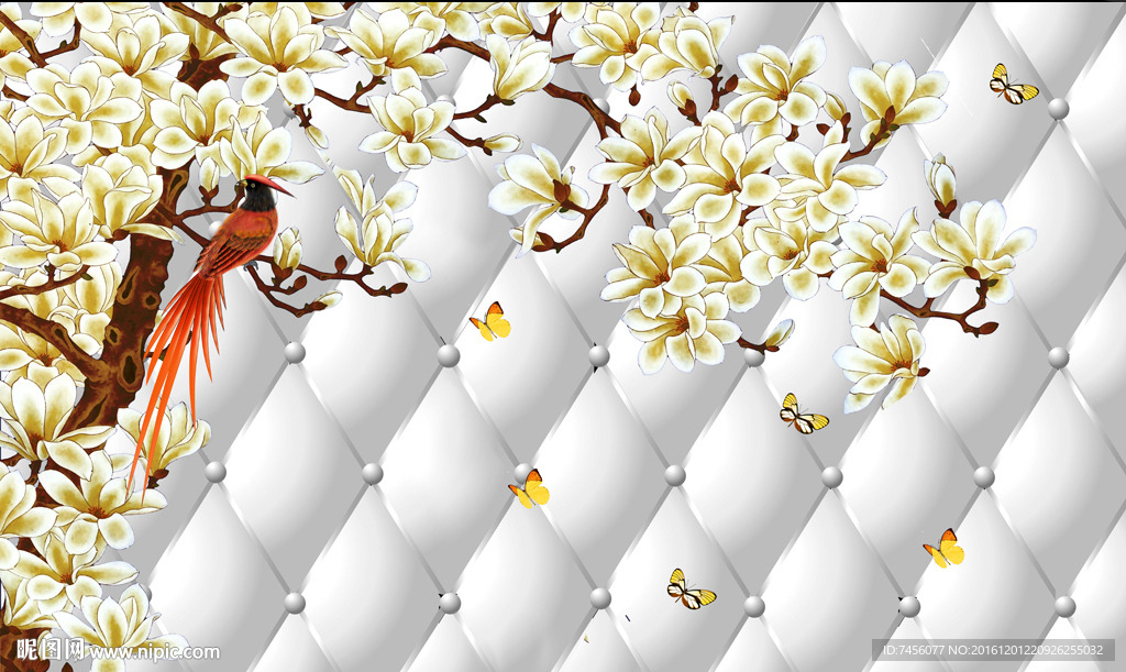 玉兰花鸟软包背景墙