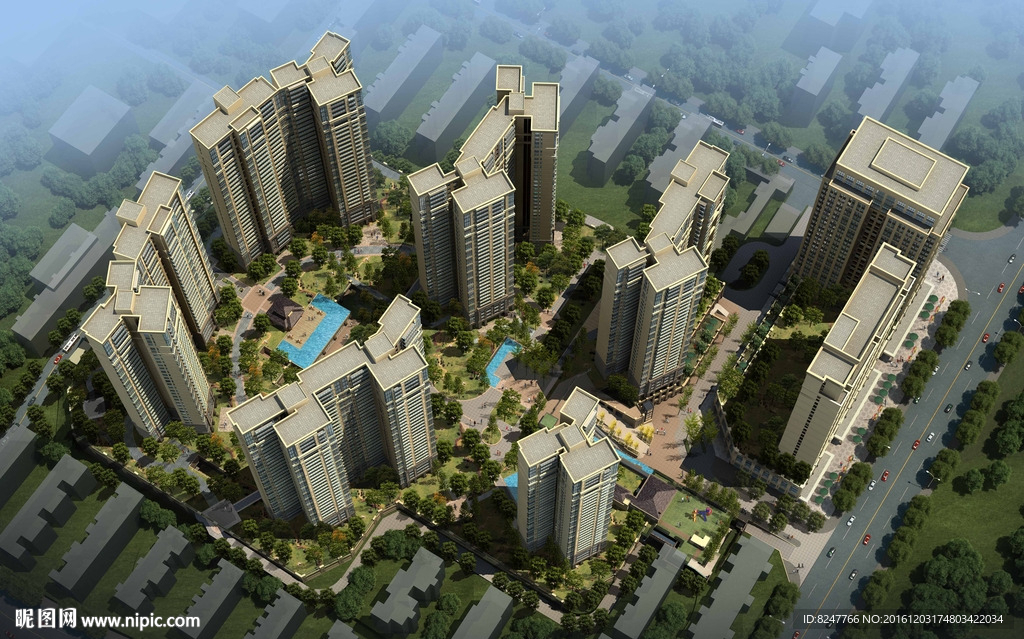 高档小区鸟瞰建筑效果图