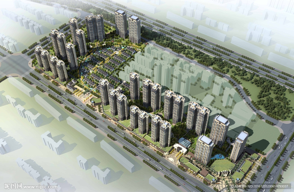 高档小区鸟瞰建筑效果图