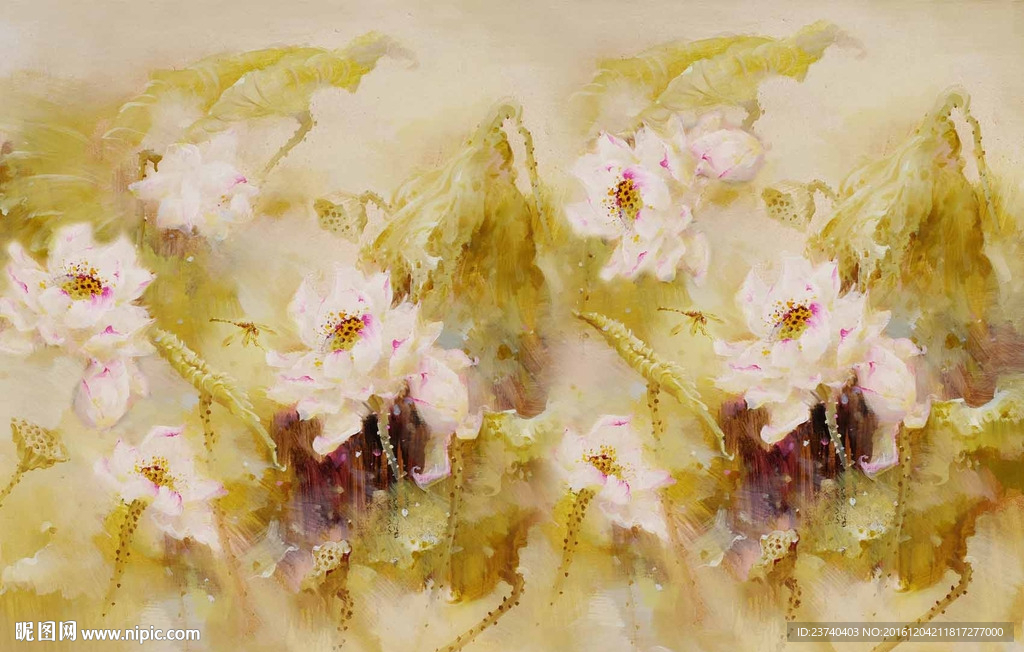 油画荷花电视背景墙