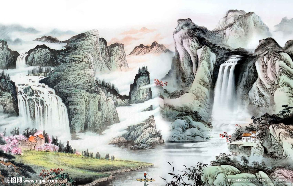 山水国画电视背景墙