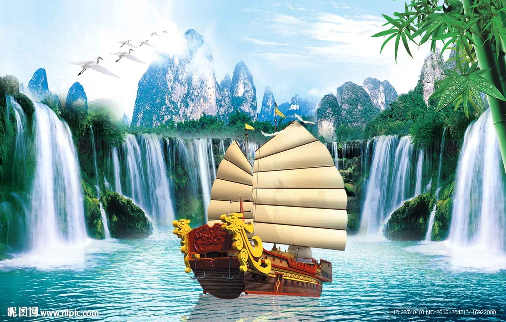 山水风景 一帆风顺 电视背景墙