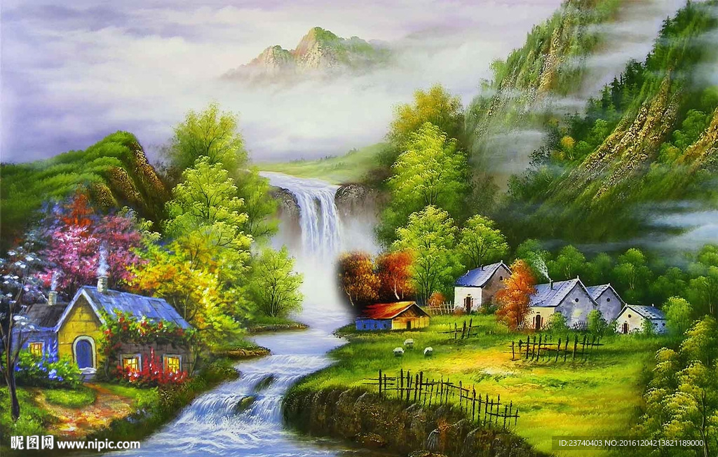 油画山水电视背景墙