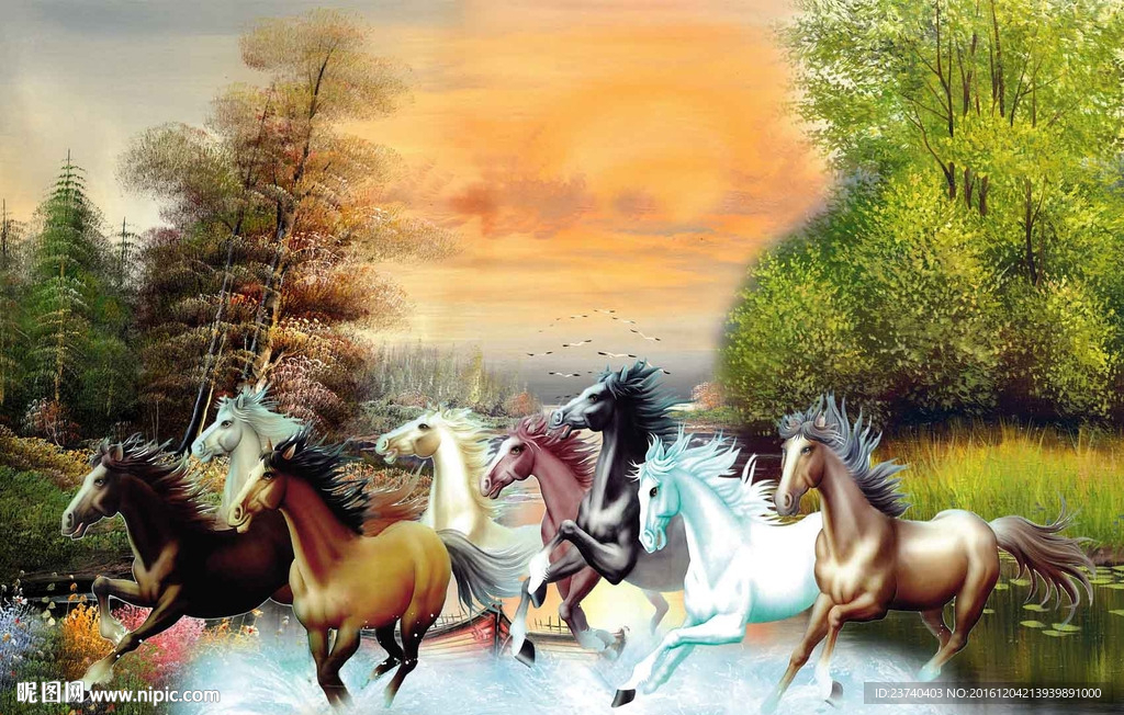 油画风景 八骏图 电视背景墙