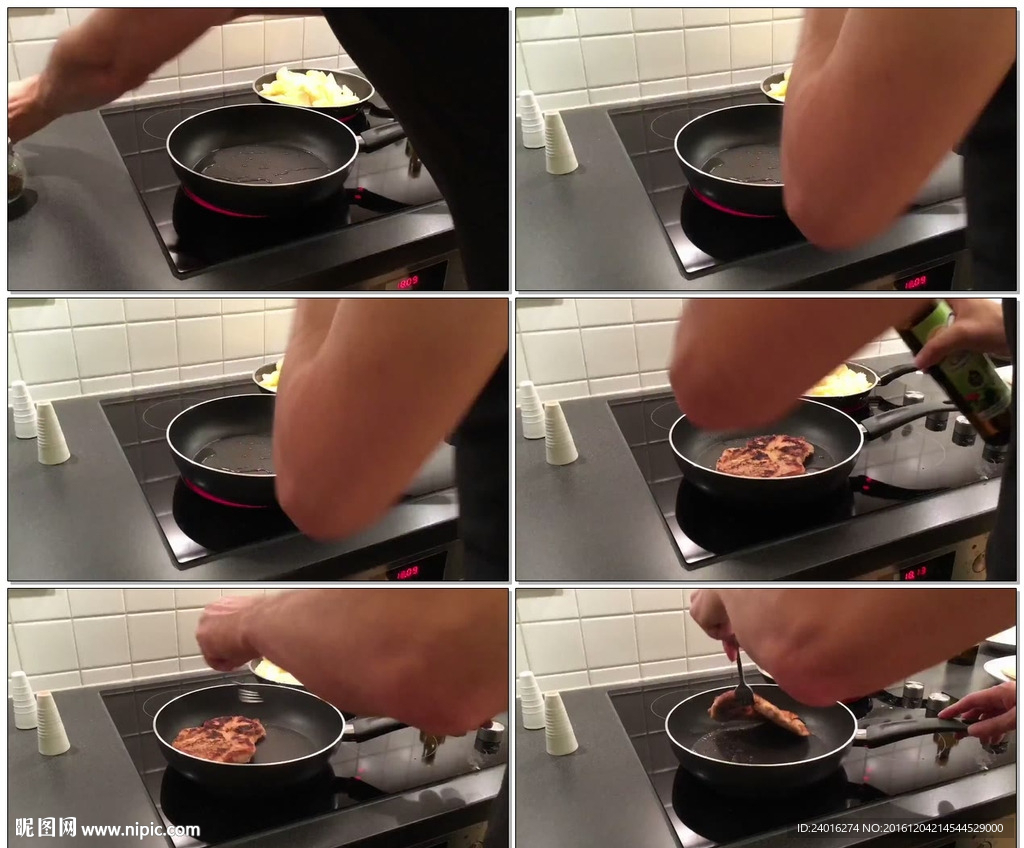 在电炉上煎肉烹饪