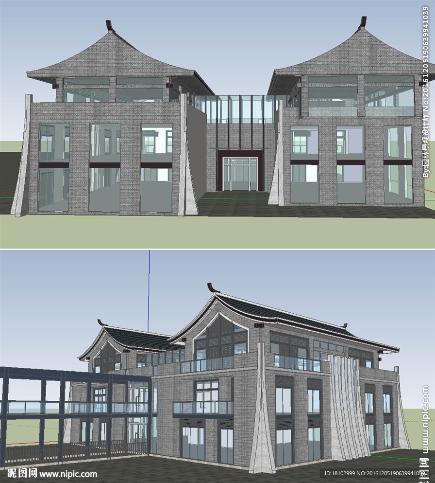 现代中式小楼建筑草图大师SU模