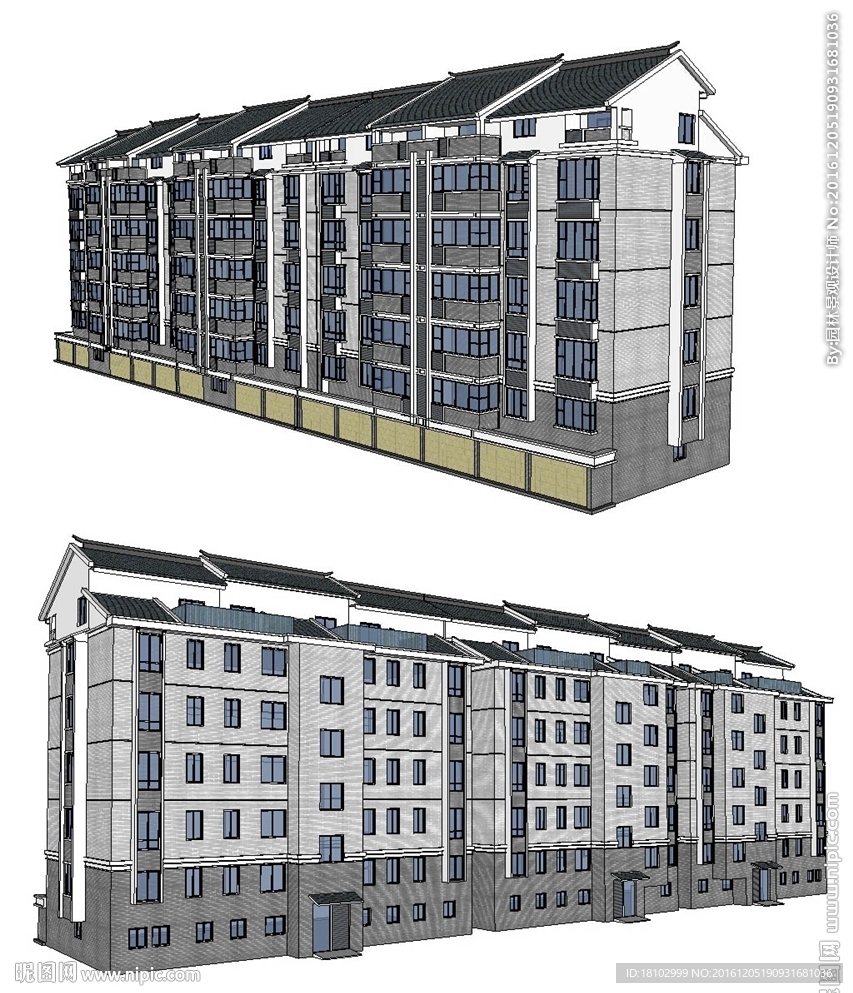 中式多层住宅建筑草图大师模型