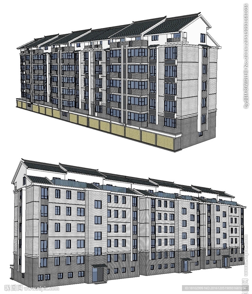 中式多层住宅建筑草图大师模型图片