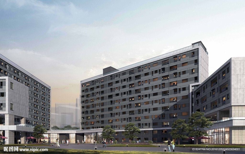 职工宿舍楼黄昏建筑效果图