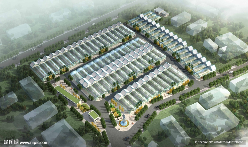 花卉栽培基地鸟瞰建筑效果图