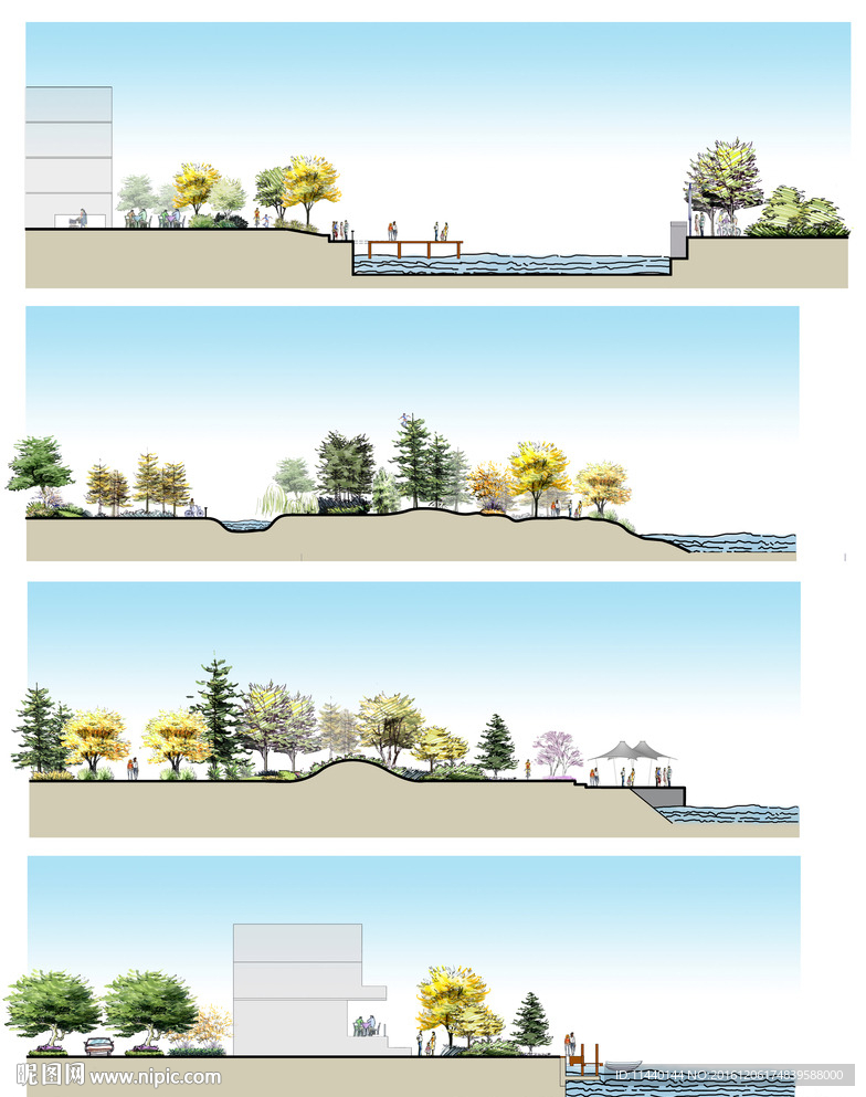 独特手绘风格滨水景观PSD立面