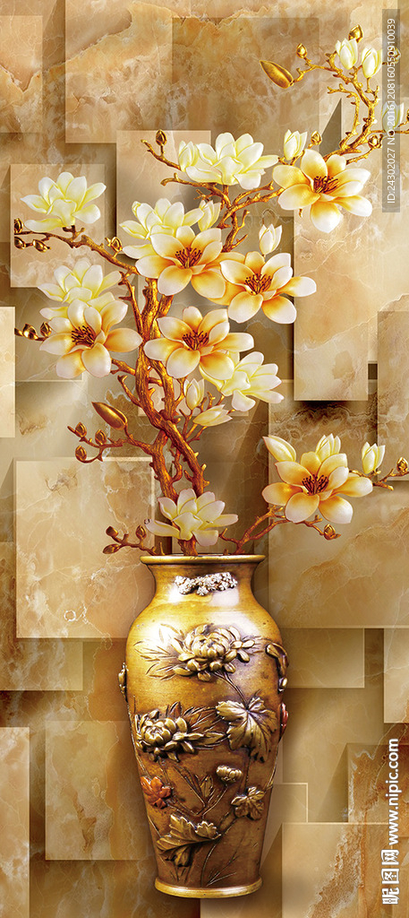 3D时尚花瓶玉兰花玄关背景墙