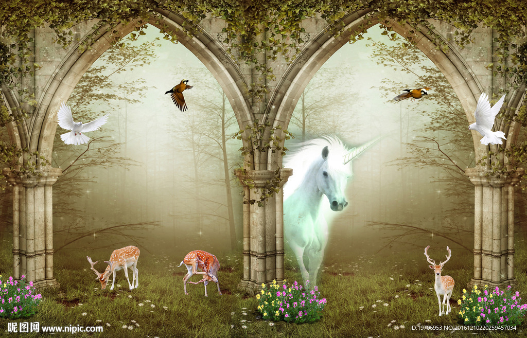 梦幻深林罗马柱背景墙