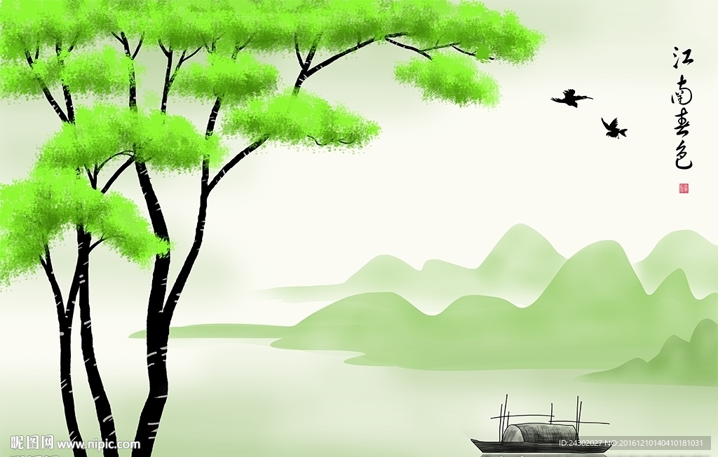 中式江南春色风景背景墙