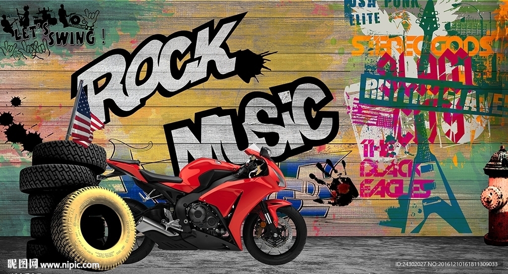 时尚摩托车墙绘背景墙