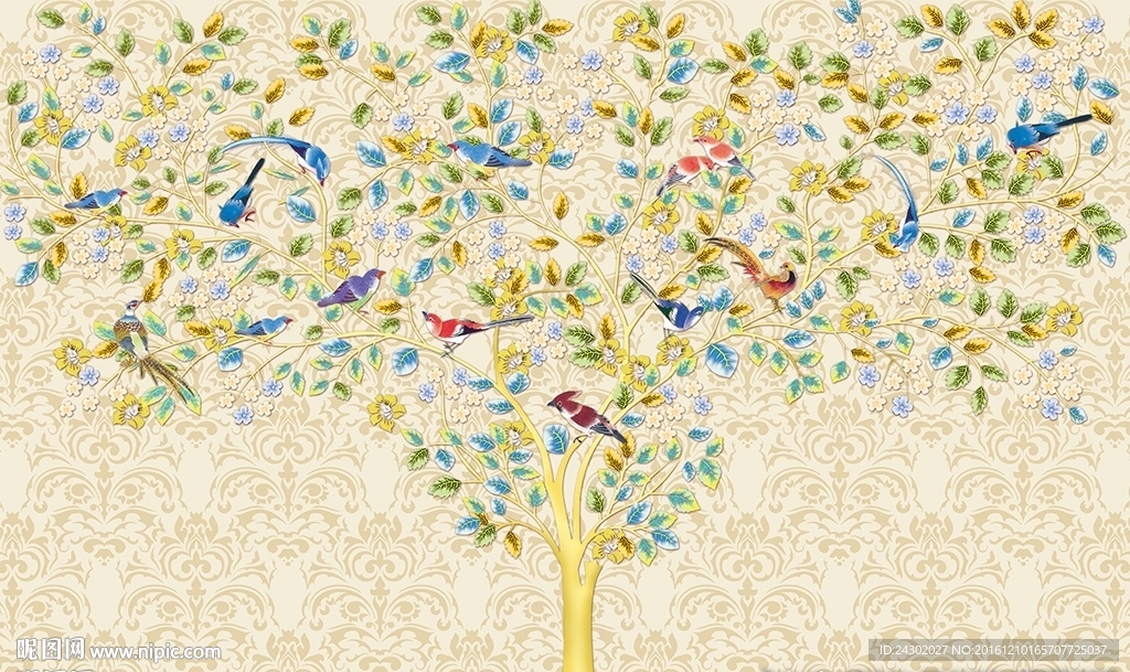 中式大树花鸟影视背景墙