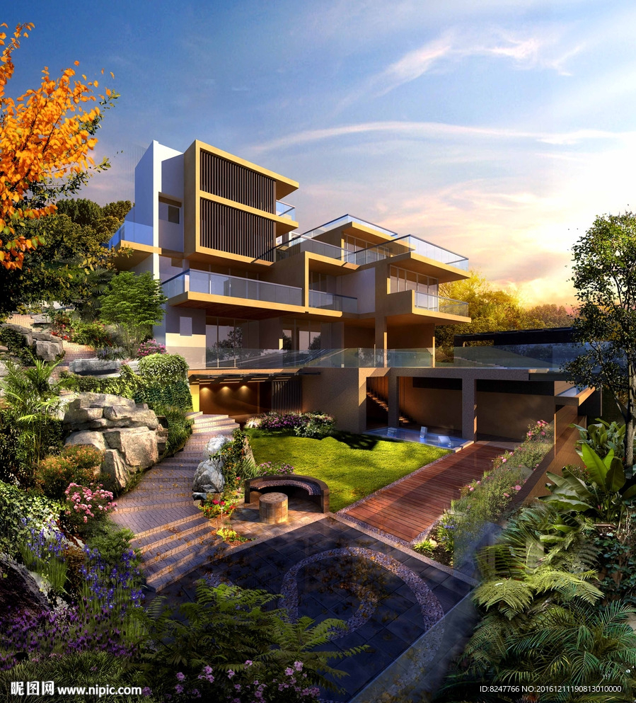 山中别墅景观黄昏建筑效果图