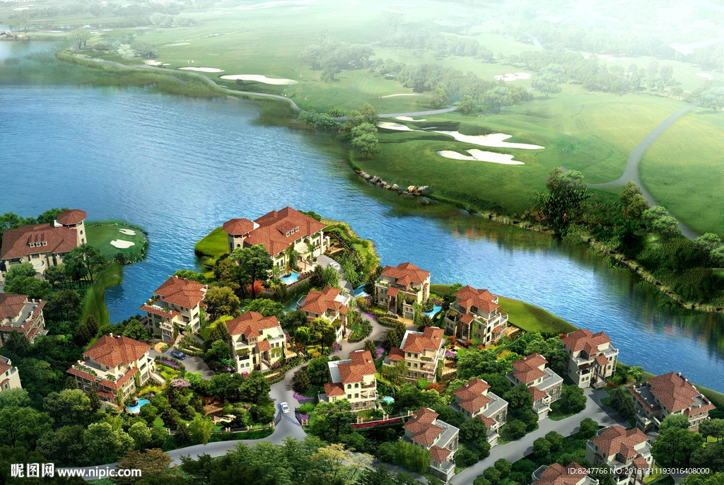 河边高尔夫别墅区鸟瞰建筑效果图